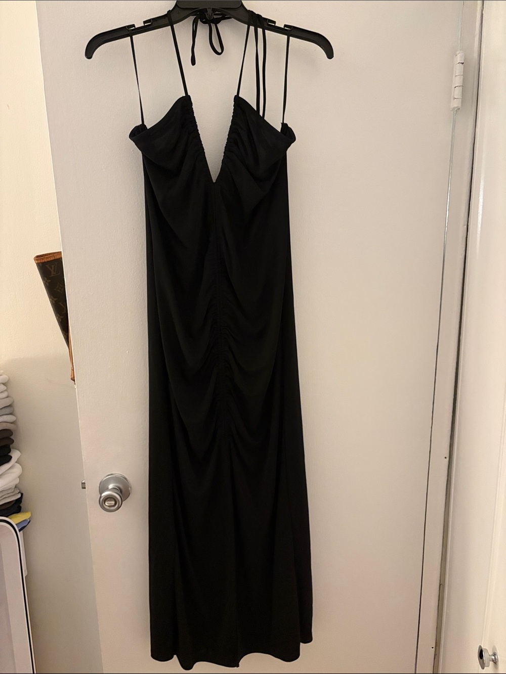 Zara Black Halter Maxi Dress with Ruched Front Size Medium